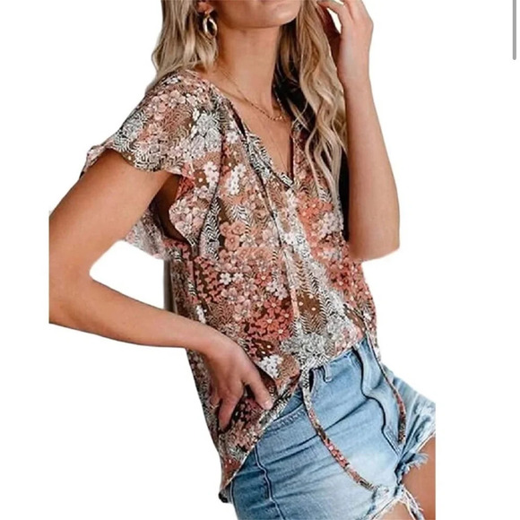 Vici Women’s Blouse Top Career Academia Romantic Flutter Sleeve Blush Pink Nice - Picture 2 of 8